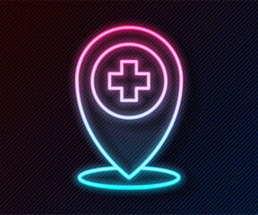 Obraz premium Glowing neon line Medical map pointer with cross hospital icon isolated on black background. Vector