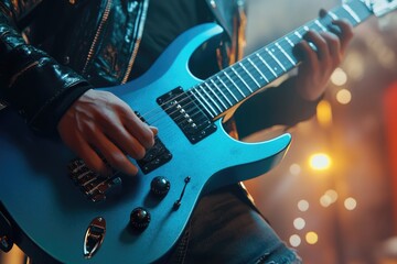 Obraz premium Rock guitarist playing blue guitar 