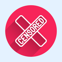 White line Censored stamp icon isolated with long shadow. Red circle button. Vector