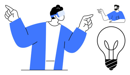 A person wearing virtual reality goggles and a blue jacket points upwards, accompanied by a smaller figure pointing and an abstract light bulb. Ideal for innovation, technology, imagination