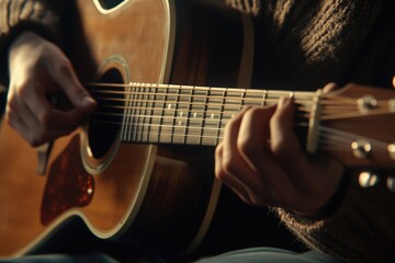 Fototapeta premium Young man playing on acoustic guitar close up