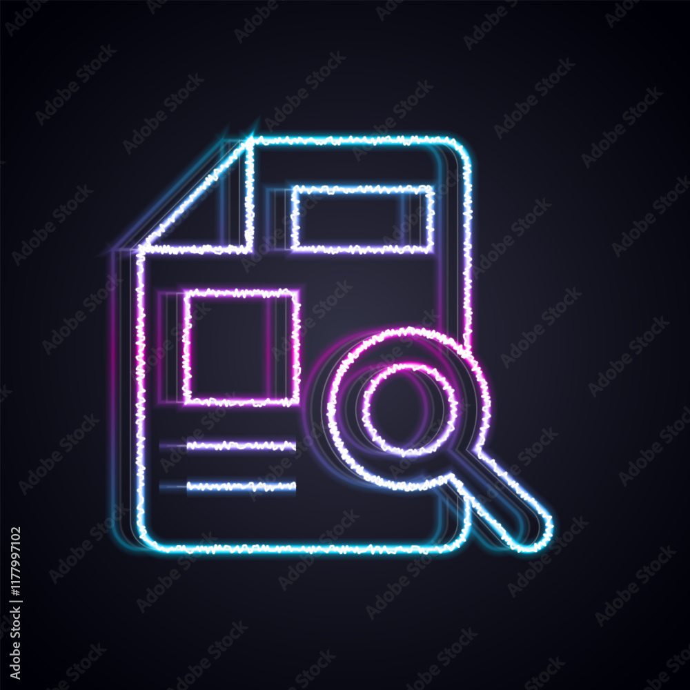 Poster glowing neon line document with graph chart icon isolated on black background. report text file icon