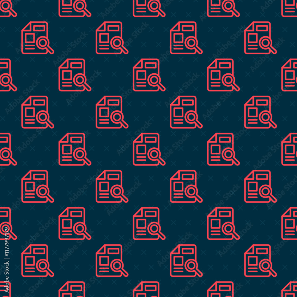 Poster red line document with graph chart icon isolated seamless pattern on black background. report text f