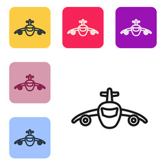 Black line Plane icon isolated on white background. Flying airplane icon. Airliner sign. Set icons in color square buttons. Vector