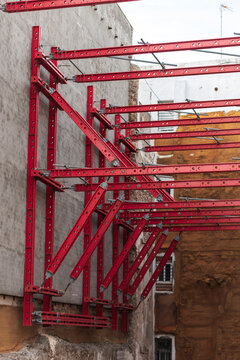 Industrial Red Steel Beams at Construction Site