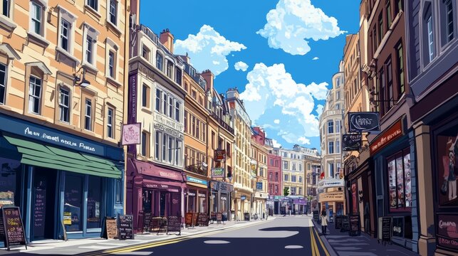 Cartoon city street corner with buildings. Vector illustration of apartment houses, pub, bar, cafe, bookstore, barbershop, grocery shop facades, ads banners on walls, blue sky. Town neighborhood
