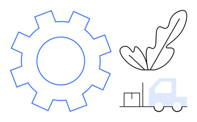 Large blue gear next to a leaf and a delivery truck. Ideal for innovation, eco-friendly industry, logistics, manufacturing, green technology, supply chain, efficiency. Abstract line flat metaphor