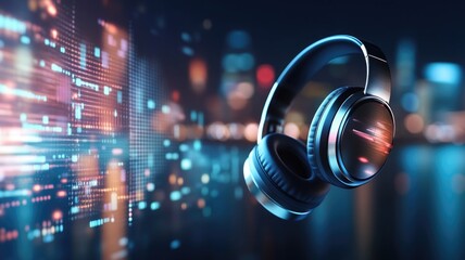 Futuristic technology concept featuring digital headphones with neon lights