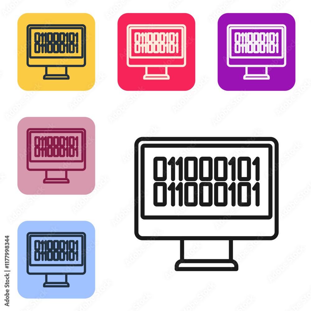 Aufkleber black line binary code icon isolated on white background. set icons in color square buttons. vector