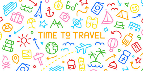 Vector colorful web banner. Road Trip. Line icons about travelling, tourism. Around the world. Time to travel.