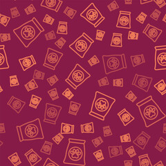 Brown line Bag of food for pet icon isolated seamless pattern on red background. Food for animals. Dog bone sign. Pet food package. Vector