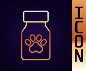 Gold line Medicine bottle and pills icon isolated on black background. Container with pills. Prescription medicine for animal. Vector