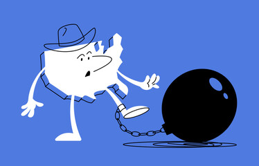 Vector doodle illustration. US character trying to get rid of a weight tied to his leg. Metaphor of the US government debt.