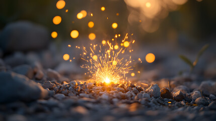 A small spark igniting a pile of kindling, with soft, glowing light as the background, during the start of a campfire