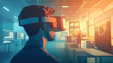 A Man Wearing a VR Headset Stands in a Futuristic Office