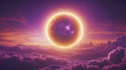 Solar moon eclipse ring light with flare vector. Total sun corona with round shine and sparkle. Bright universe neon ray for night sky overlay. Magic cosmic purple and galaxy golden lunar edge