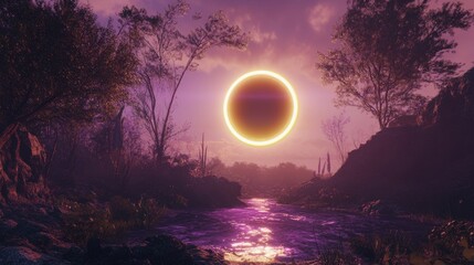 Solar moon eclipse ring light with flare vector. Total sun corona with round shine and sparkle. Bright universe neon ray for night sky overlay. Magic cosmic purple and galaxy golden lunar edge