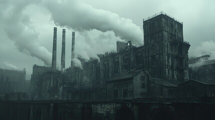 Desolate Industrial Landscape: A chilling depiction of an abandoned factory shrouded in smog, evoking themes of environmental decay and industrial decline.