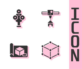 Set Isometric cube, 3D scanner, Graphing paper for engineering and printer house icon. Vector