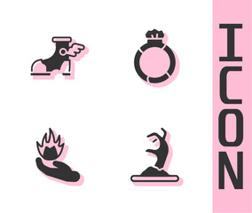 Set Zombie hand, Hermes sandal, Hand holding fire and Magic stone ring with gem icon. Vector