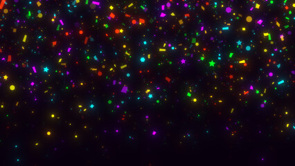 colorful confetti rain particles on dark background, happy birthday party and celebration design element	