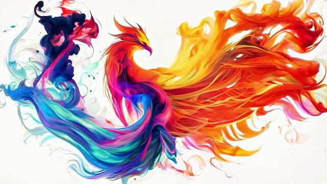 Vibrant phoenix abstract art transforming into fiery colors and dynamic motion