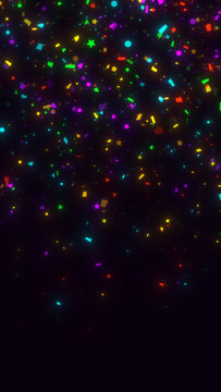 colorful confetti rain particles on dark background, happy birthday party and celebration vertical social media design element	