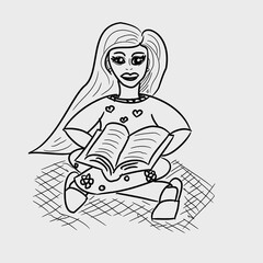 Vector hand drawing. Illustration of a woman sitting with her legs crossed and a book on her lap. Woman, girl, miss, reader, reading. Girl with a book. Reading books, relaxing, story.