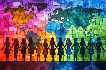 Vibrant digital artwork depicting unity in diversity with colorful silhouettes of a global community
