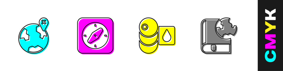 Set Location on the globe, Compass, Barrel oil and Earth and book icon. Vector