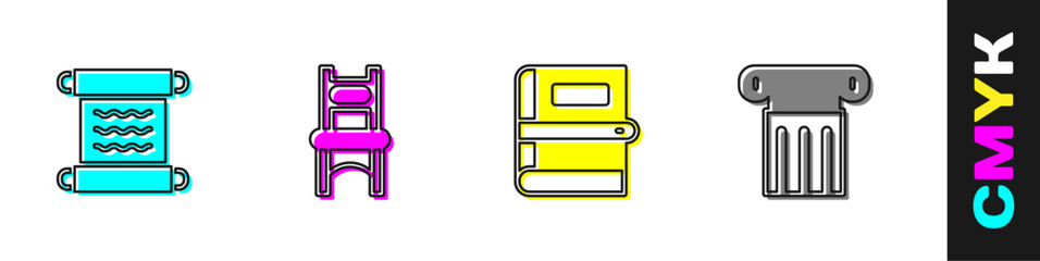 Set Papyrus scroll, Chair, Book and Ancient column icon. Vector