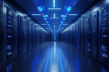 Futuristic data center interior with high tech server cabinets and blue illuminated surfaces