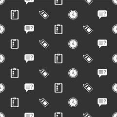 Set Clock, Unknown search, Online quiz, test, survey and Mobile phone on seamless pattern. Vector