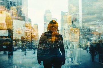 Urban collage illustration of a woman walking, featuring modern double exposure techniques.