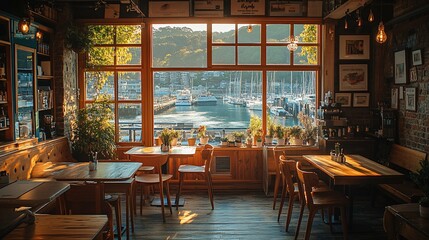 Sunlit Cafe with Harbor View and Wooden Tables