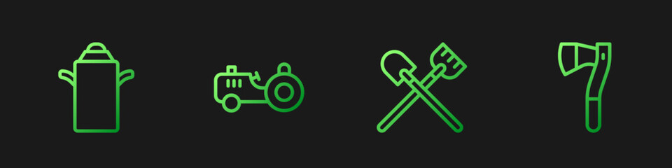 Set line Shovel, Can container for milk, Tractor and Wooden axe. Gradient color icons. Vector