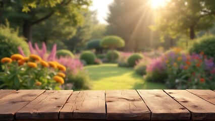 Naklejka premium A rustic countryside bar background featuring a wooden table board in foreground, perfect for creating a display mock-up and generating ideas 