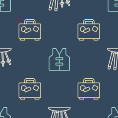 Set line Ski and sticks, Suitcase and Life jacket on seamless pattern. Vector