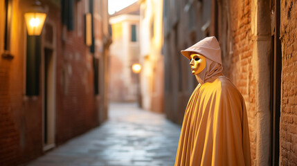 Naklejka premium Mysterious figure in cloak and mask at dusk in a european alley