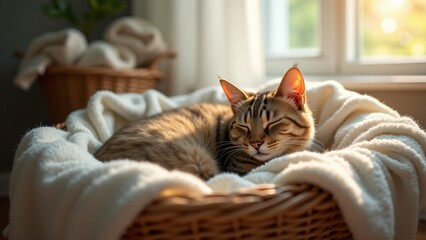 Naklejka premium A peaceful cat sleeping in a cozy laundry basket, surrounded by soft clothes. This tranquil moment captures the warmth and comfort pets bring, perfect for celebrating National Pet Day with relaxation.