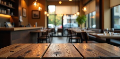 Wood table surrounded by blurred restaurant scenery, food, interior, kitchen