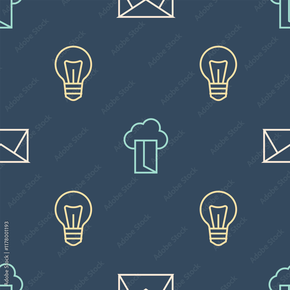 Poster set line mail and e-mail, light bulb and cloud database on seamless pattern. vector
