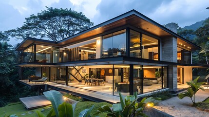 Obraz premium A modern architectural home with an innovative design, featuring clean lines, expansive windows, and sustainable materials that blend seamlessly with nature.