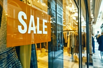 Advertising banner board with text SALE on clothing store showcase window in modern bright shopping mall. Winter summer midseason sale concept
