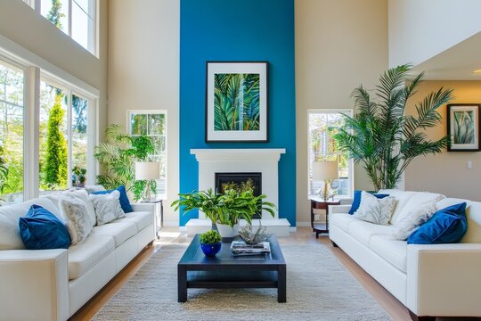 Elegant living room design  plush white sofas, blue accent walls, and lush green plants for warmth