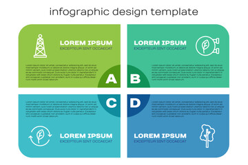 Set line Recycle symbol with leaf, Oil rig, Tree and Eco shop. Business infographic template. Vector