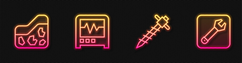 Set line Construction jackhammer, Ground, Seismograph and Wrench spanner. Glowing neon icon. Vector