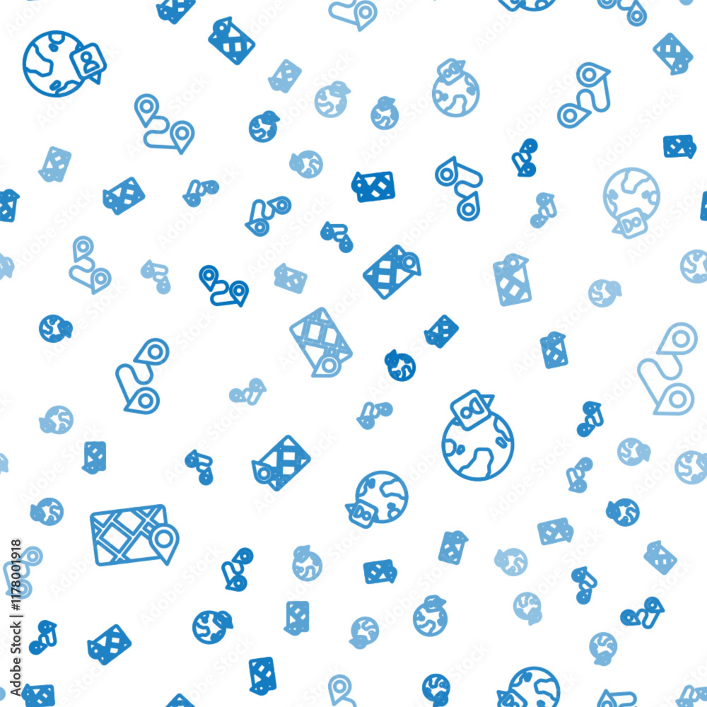 Poster set line gps device with map, location on the globe and route location on seamless pattern. vector