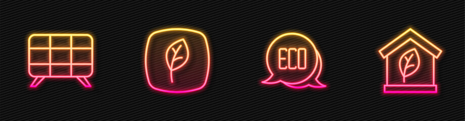 Set line Leaf Eco symbol, Solar energy panel, and friendly house. Glowing neon icon. Vector