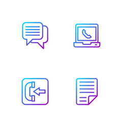 Set line File document, Incoming call phone, Speech bubble chat and Telephone 24 hours support. Gradient color icons. Vector